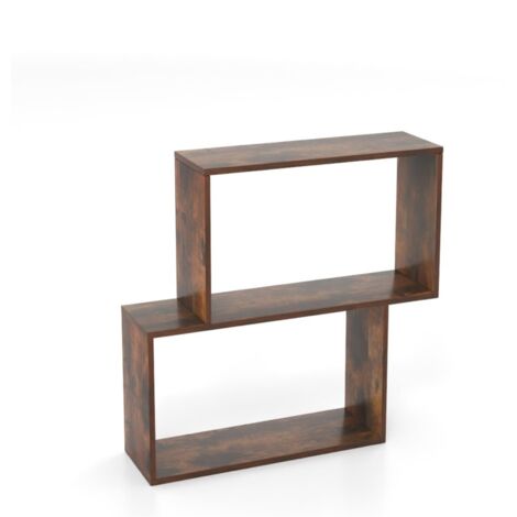 Bibliothèque Géométrique à 3 Niveaux, Bibliothèque en Bois Autoportante avec 2 Compartiments Cubiques, Étagère de Rangement Ouverte, Marron