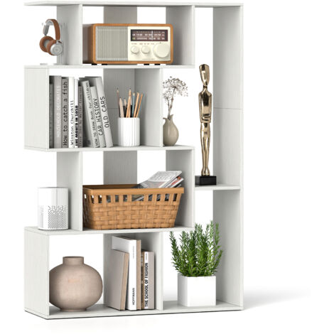 Bibliothèque Géométrique à Dos Ouvert, 6 Cubes avec Kits Anti-basculement, Étagère de Rangement Autoportante 80 x 30 x 119 cm pour Bureau, Salon, Blan