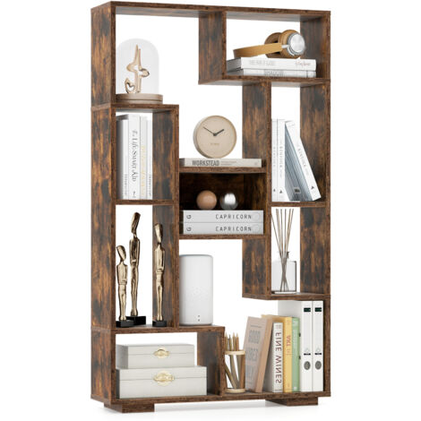 Bibliothèque Géométrique de 120 cm, Etagères Ouvertes, Etagère de Rangement Autoportante avec Kits anti-basculement, pour Bureau, Salon, Marron