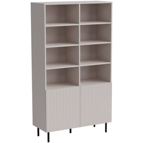 Bibliothèque Ghilarza, étagère à compartiments ouverts et deux portes, surélevée, 100 x 42 h 177 cm, beige