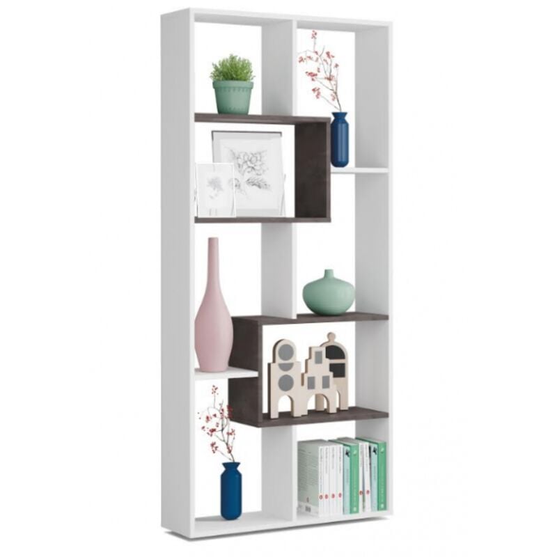 Abitare - Bibliothèque 80x25x180 cm blanc mat et oxyde avec huit compartiments - Geri
