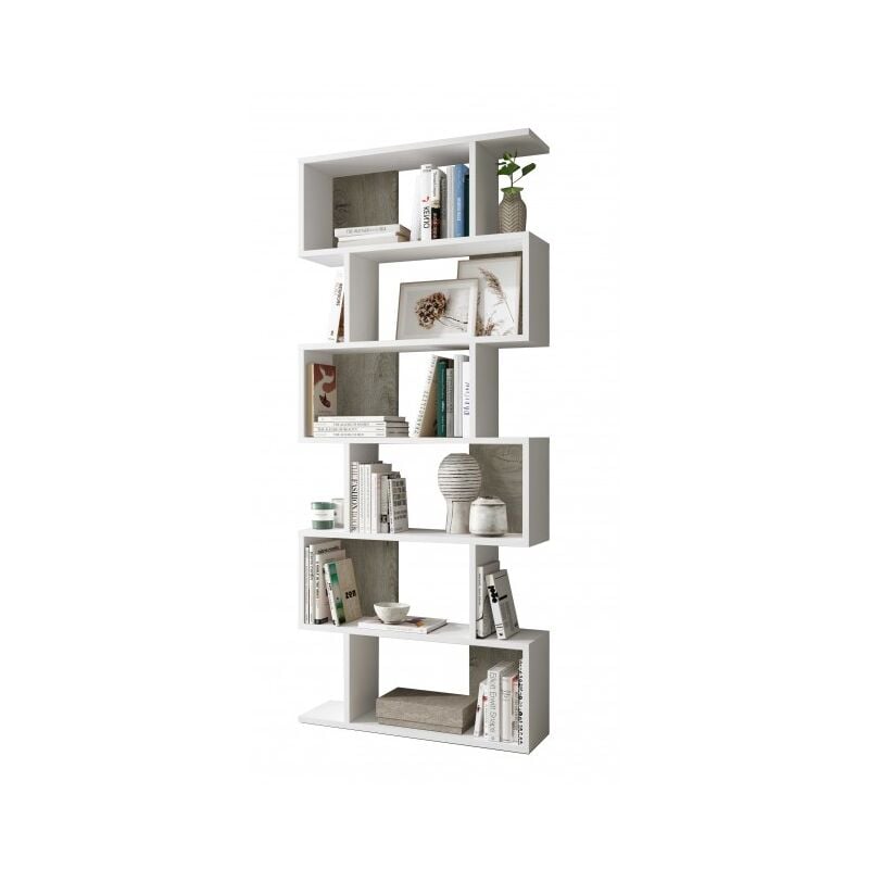Abitare - Bibliothèque 192 cm blanc mat et chêne avec six étagères - Fiume