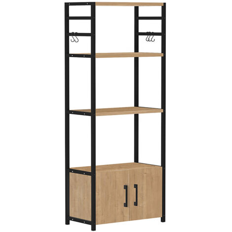 Bibliothèque haute à 4 étagères ouvertes + 2 portes cadre en acier noir - Longueur 56 x Hauteur 138 x Profondeur 30 cm