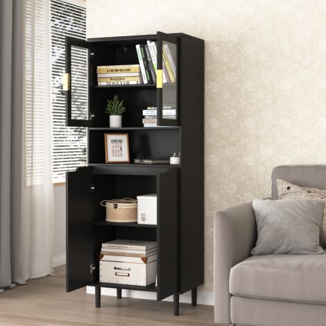 Bibliothèque Haute avec 4 Portes et Étagères Réglables, 2 Portes en Verre Trempé, Style Moderne, en MDF Laqué, Noir