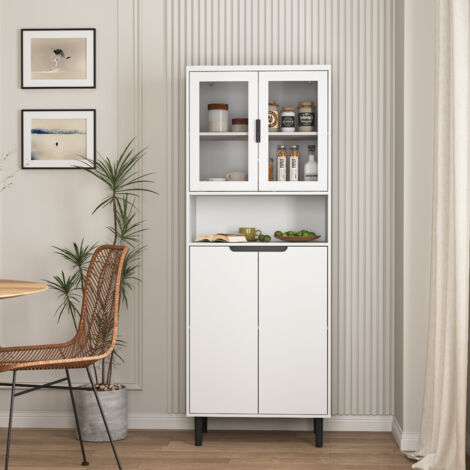 Bibliothèque haute avec porte en verre trempé et étagère réglable, 4 portes, meuble en MDF laqué, blanc, rangement pour salon et chambre