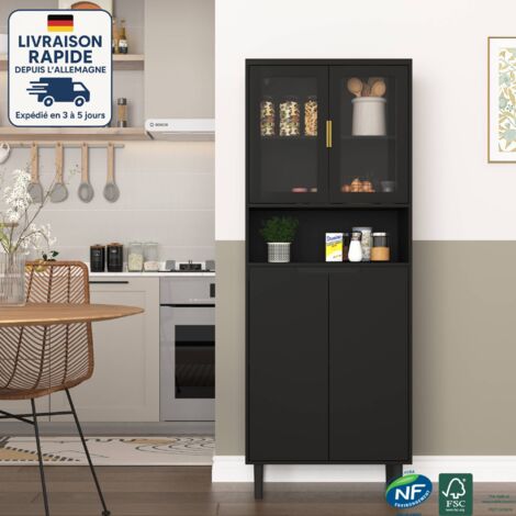Bibliothèque haute, buffet, meuble de rangement avec 4 portes en verre trempé, étagères réglables, MDF, 80x35x180 cm - noir