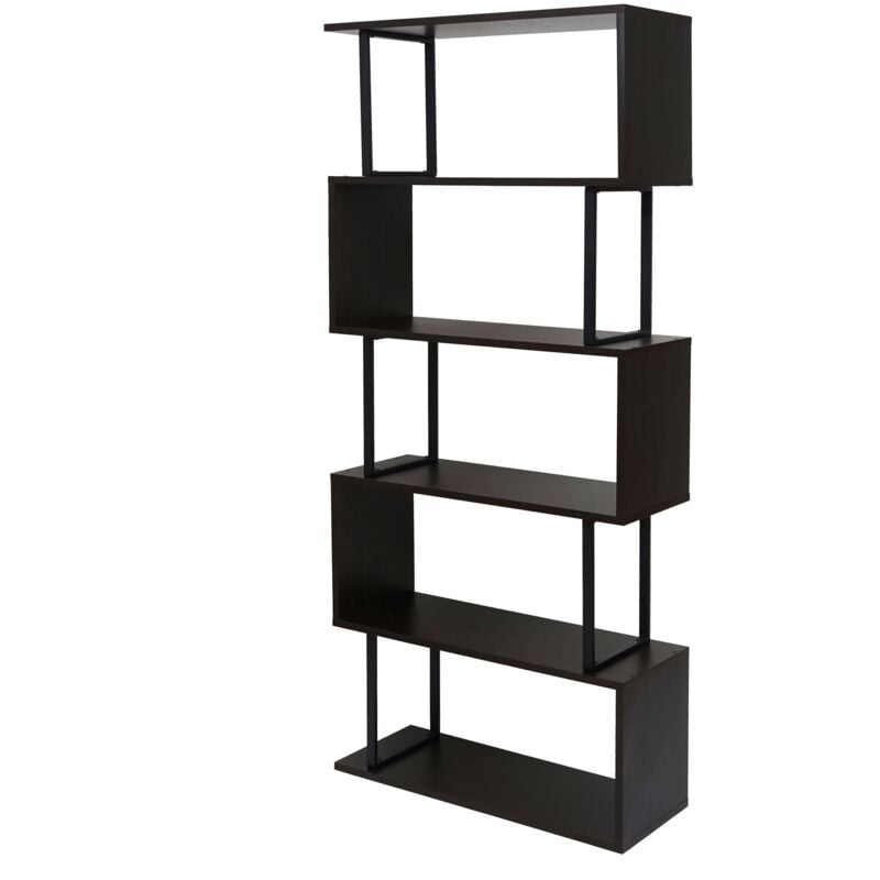 Bibliothèque HHG 091, étagère de salon, structure 3D 183x80cm, 5 niveaux, marron foncé, métal noir
