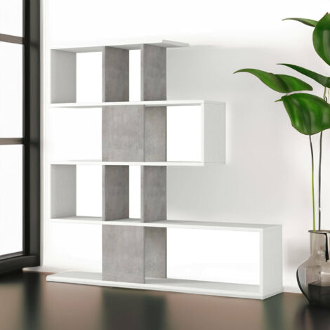 Bibliothèque Hoya, Bibliothèque double face avec 5 étagères, Étagère en zigzag pour livres, Armoire murale avec étagères, 100% Made in Italy, 145x29h145 cm, Blanc et Ciment