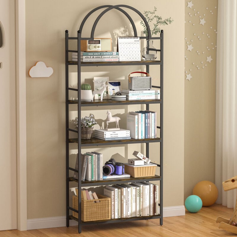 Bibliothèque Industrielle, 76 x 26 x 194 cm Haute Étagère de Rangement avec 5 Niveaux Tablettes Ouvertes en Bois, Cadre Métal, Grand Armoire de