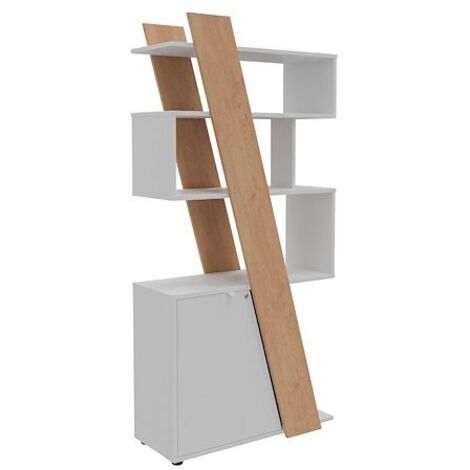 Bibliothèque Isis H 190 x L 90 x P 40 cm bandeau chêne clair porte à gauche - Blanc - Maxiburo