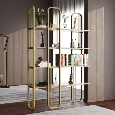 Bibliothèque Jaune Élégante avec Cadre en Métal, 125x180x28 cm, Pour Salon Moderne ou Chambre