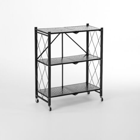 Bibliothèque Métallique Pliable 3 niveaux à Roulettes - Noir - Rangement pratique - L 71,5 x P 30,5 x H 87 cm - Livraison gratuite