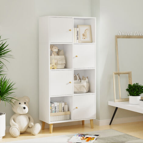 Bibliothèque, Meuble de Rangement, Bibliothèque Étagère Rangement, avec 8 Cubes de Rangement, 4 Portes, en Bois d'Ingénierie, Blanc