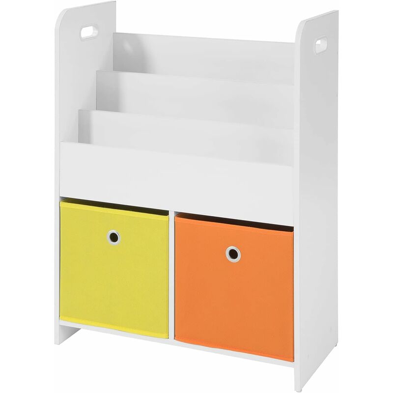 Bibliothèque Meuble de Rangement pour Livres et Jouets Étagère pour Enfants avec 3 Compartiments et 2 Paniers Amovibles, SoBuy® KMB27-W