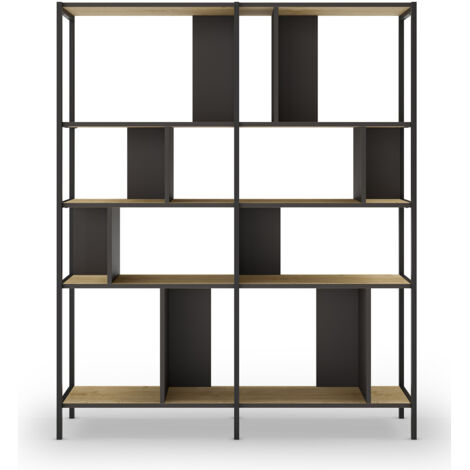 Bibliothèque, meuble étagère aspect bois coloris chêne et métal noir - Longueur 144 x Profondeur 35 x Hauteur 175 cm