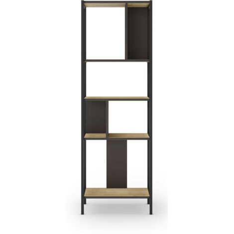 Bibliothèque, meuble étagère aspect bois coloris chêne et métal noir - Longueur 58 x Profondeur 35 x Hauteur 175 cm