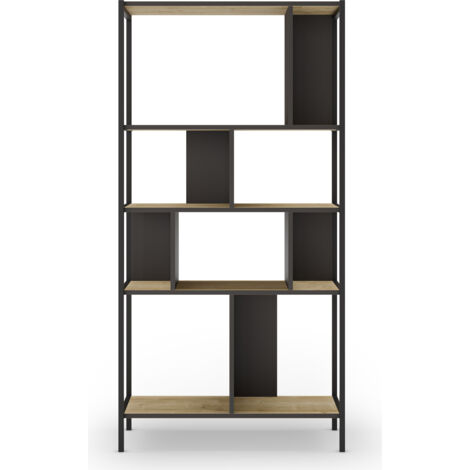 Bibliothèque, meuble étagère aspect bois coloris chêne et métal noir - Longueur 88 x Profondeur 35 x Hauteur 175 cm