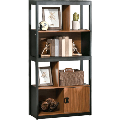 Bibliothèque Mobile 4 Niveaux avec Porte, en Panneau de Particules et MDF, Dimensions 76.5x30x150 cm, Couleur Marron et Noir