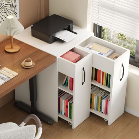 Bibliothèque mobile 52x50x75 cm, meuble de rangement à roulettes réversible, bois blanc