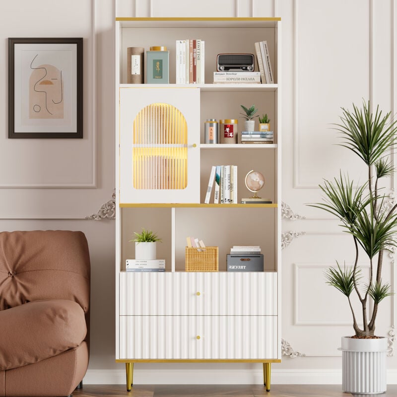 Redom - Bibliothèque, avec vitrines éclairées par led, 5 compartiments ouverts et 2 tiroirs, 78x36x190 cm, en bois, blanc