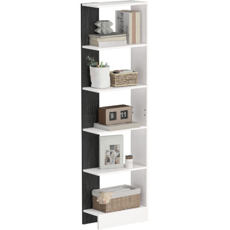 Bibliothèque moderne en bois à 5 étagères, gain de place, 45 x 21 x 170 cm, noir et blanc
