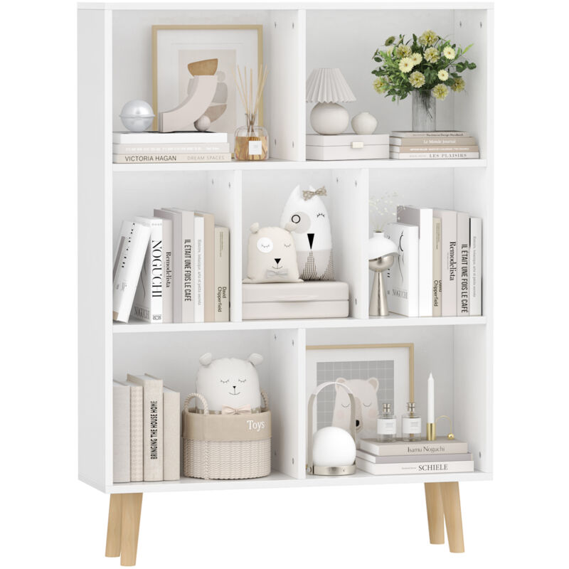 Sifree - Bibliothèque Modulable 7 Cases sur Pied - Rangement Intégré 110cm en Bois Blanc Design Épuré Sans Montage, Meuble Multifonction pour