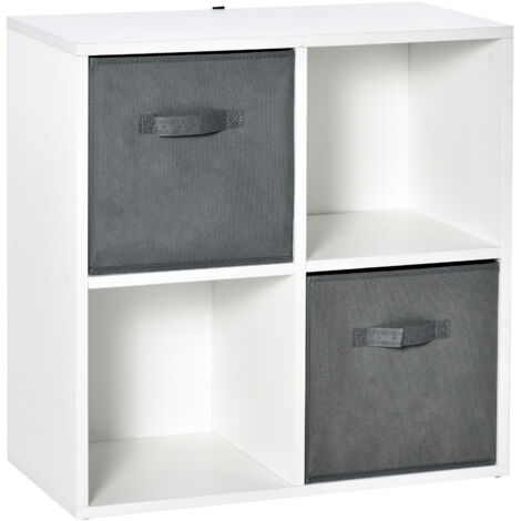 Bibliothèque modulaire 4 cubes 2 tiroirs non tissé bureau/étude, 61,5x30x61,5 cm, blanc/gris