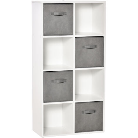 Bibliothèque modulaire 8 cubes 4 tiroirs non tissé bureau/étude, 61,5x30x121,6 cm, blanc/gris