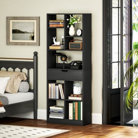 Bibliothèque noire multifonction avec tiroir et étagères ouvertes, structure stable design moderne, 60 x 26 x 158 cm pour salon, chambre et bureau