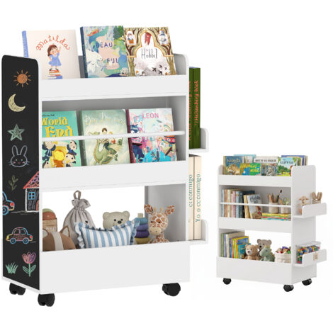 Bibliothèque pour enfant avec roulettes, rangement livre enfant de 3 à 8 ans avec tableau noir, 66,5x32,5x86,5cm, blanc
