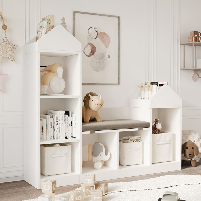 Hoerfuriy - Bibliothèque pour enfant,Étagère de Rangement pour Livres et Jouets, avec Banc,121x30x107cm