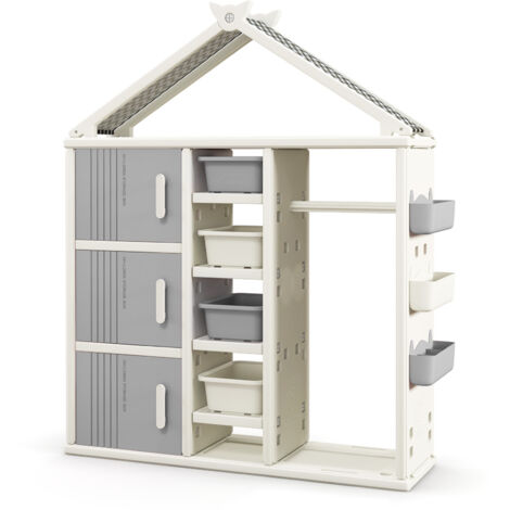 Bibliothèque pour Enfants, Armoire à Vêtements Suspendue, Organisateur de Vêtements avec Bac de Rangement, Étagères, Panier Latéral, Gris