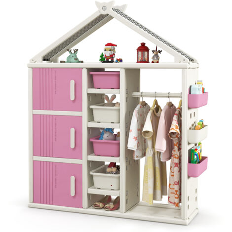 Bibliothèque pour Enfants, Armoire à Vêtements Suspendue, Organisateur de Vêtements avec Bac de Rangement, Étagères, Panier Latéral, Rose