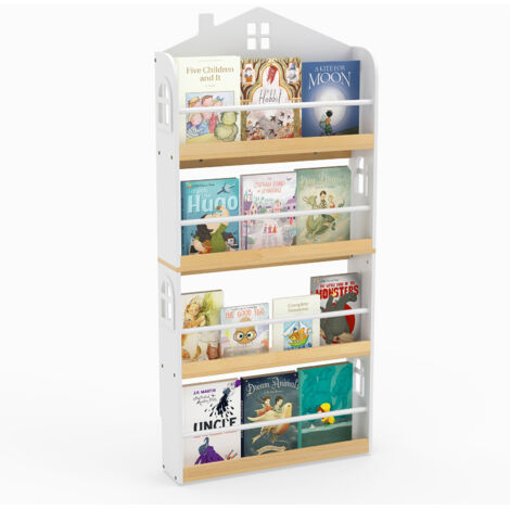 Bibliothèque pour Enfants en Forme de Maison, Étagère à 4 Niveaux avec Barrières Anti-chute et Barres Métalliques, Conception avec Socle Réservé