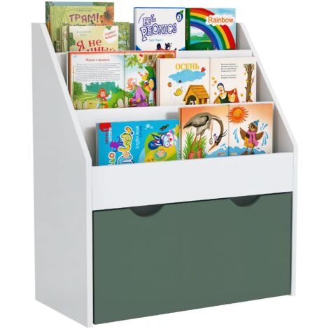 Bibliothèque pour enfants Multi-Rangement avec 3 niveaux d'étagères et un tiroir, 62,5L x 30l x 70H cm, vert