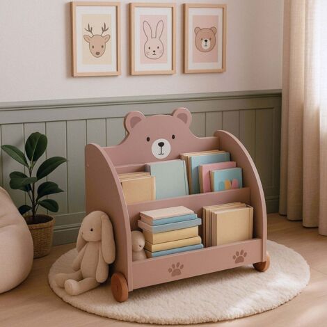 Bibliotheque pour enfants sur le theme des ours avec roulettes et rangement