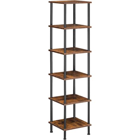 Bibliothèque Rétro à 6 Couches, Étagère de Rangement d'angle, Présentoir d'angle, Jardinière, Assemblage Facile, Pieds Réglables, pour Salon, Chambre, Cuisine, Marron Rustique, Noir