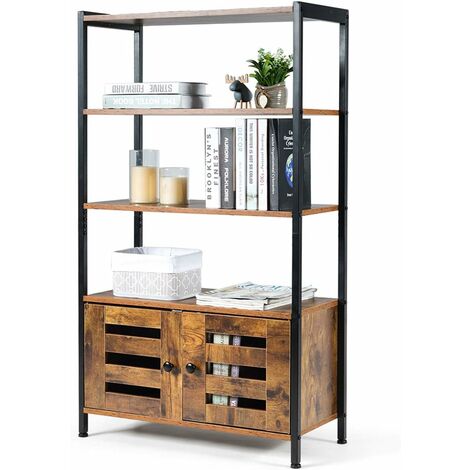 Bibliothèque rétro avec 3 etagères et 2 portes à volets style industrielle, 70x30x122cm