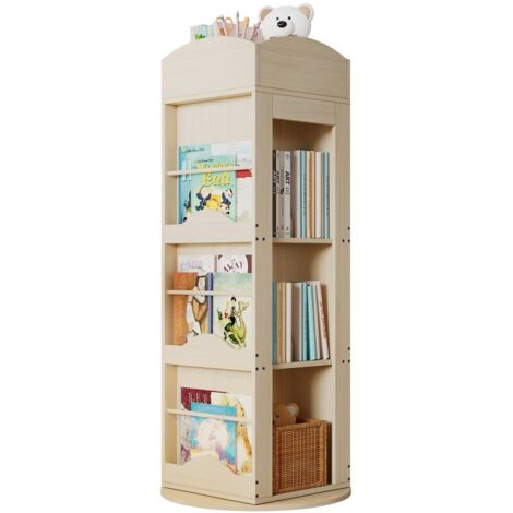 Bibliothèque rotative 360°-Étagère à albums 4 niveaux-Pieds stables-Design multifonctionnel Enfants/Adultes-63x63x142(cm)