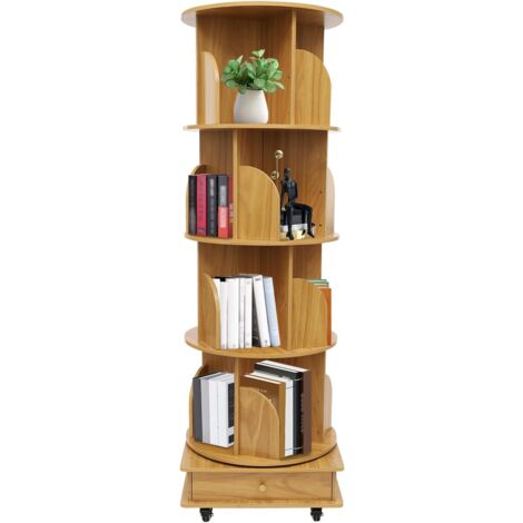 Bibliothèque rotative à 360° Avec roues, Petite bibliothèque d'angle pour petits espaces, en bois massif, 4 étages, Étagère à livres indépendante, Étagère étroite, Organiseur multifonction (4 niveaux)