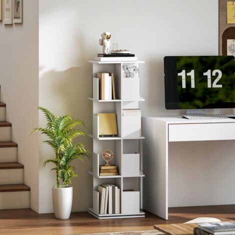 Bibliothèque rotative blanche à 4 niveaux, étagère de rangement avec 16 compartiments spacieux, structure stable gain de place, dimensions 39 x 39 x 128,3 cm, idéale salon, chambre et bureau