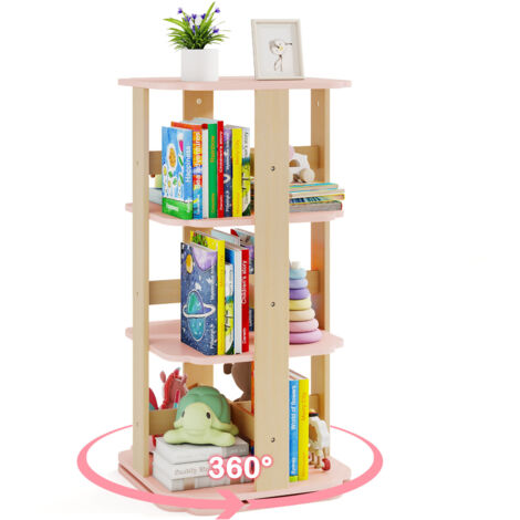 Bibliothèque Rotative, Étagère à Livres pour Enfants à 3 Niveaux, Tour Rotative à 360° avec 12 Compartiments, pour Salon, Crèche, Rose