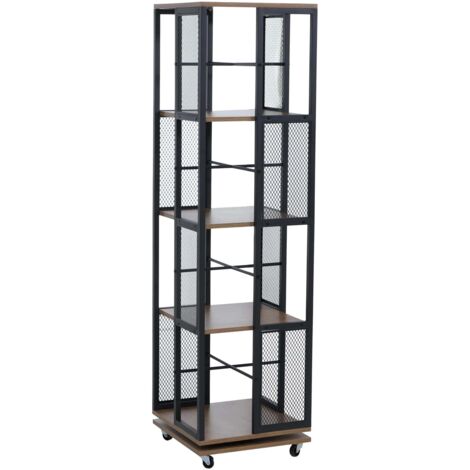 Bibliothèque rotative étagère style industriel avec roulettes 147 cm en métal et MDF brun clair 040008771