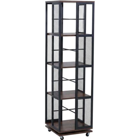 Bibliothèque rotative étagère style industriel avec roulettes 147 cm en métal et MDF brun foncé 040008769