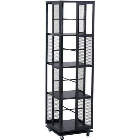 Bibliothèque rotative étagère style industriel avec roulettes 147 cm en métal et MDF noir 040008768