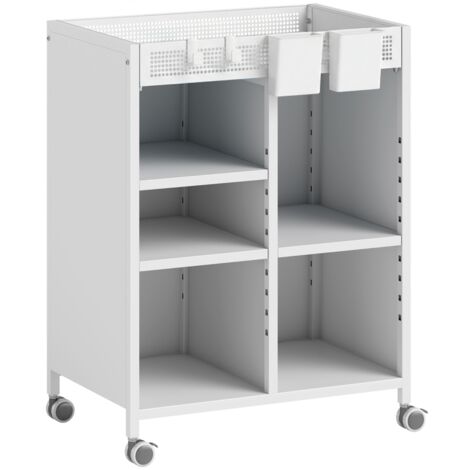 Bibliothèque roulante à 4 étagères, tablettes ajustables & paniers suspendus pour bureau à domicile et salon, blanc