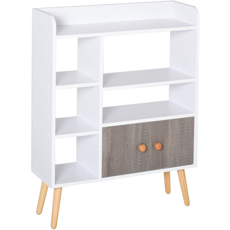 Homcom - Bibliothèque scandinave 3 niches + 2 étagères + placard double porte + grand plateau pieds effilés inclinés bois massif panneaux particules