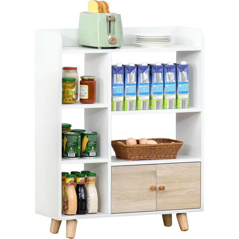 Homcom - Bibliothèque scandinave 3 niches 2 étagères placard double porte pieds effilés inclinés MDF blanc aspect chêne clair