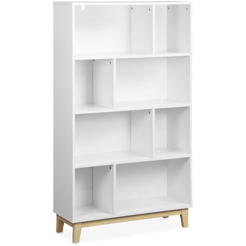 Bibliothèque scandinave blanche, étagère asymétrique - Floki - pieds en bois de sapin, 4 étagères, 8 compartiments, 80x30x138cm - Blanc