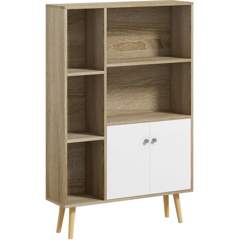 Homcom - Bibliothèque scandinave dim. 80L x 23,5l x 123H cm 5 niches placard 2 portes pieds effilés inclinés bois massif panneaux particules naturel